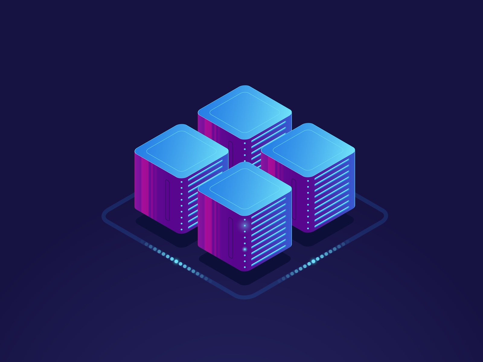 Docker와 가상머신 선택을 설명하는 서버룸과 클라우드 저장소 일러스트